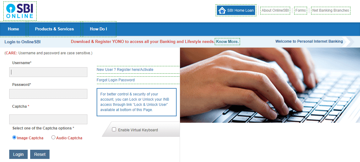 SBI Net Banking login page